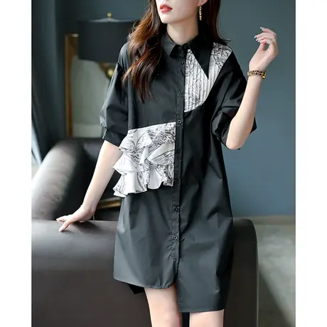 宝诗黎泡泡袖拼接衬衫裙2025夏新款设计感裙子别致小众中长款衬衣商品大图