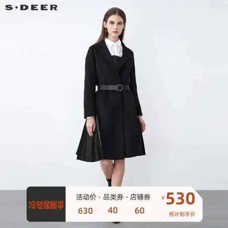 sdeer圣迪奥女装西装领收腰抽褶拼接长款黑色毛呢大衣S21481851图片