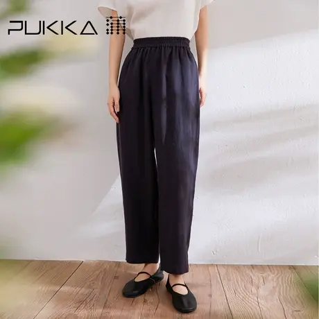 蒲PUKKA 苎麻天丝全腰橡筋宽松休闲显瘦九分萝卜裤女夏季新品商品大图