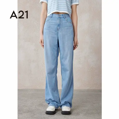 A21女装宽松中腰阔腿牛仔长裤夏季凉感美式水洗复古做旧直筒裤子商品大图