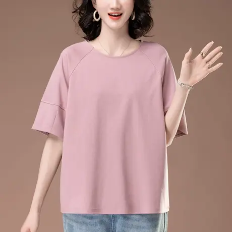 短袖t恤女夏季新款加肥加大码女装宽松中年妈妈纯色全棉半袖体恤商品大图