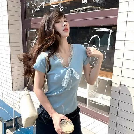 V领蕾丝拼接针织衫正肩短袖T恤女夏季设计感修身独特漂亮掐腰上衣商品大图