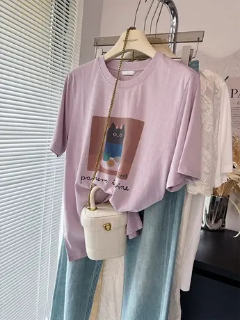 凉爽青春减龄可爱油画小猫印花雪花棉短袖T恤女薄 紫色白色体恤商品大图