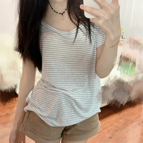 纯欲大领口U领短袖T恤女夏季韩版修身显瘦辣妹斜肩露肩半袖上衣潮商品大图