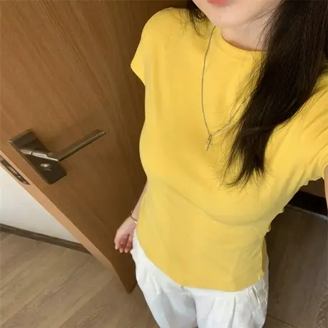 小个子短款短袖T恤女夏季韩版修身内搭打底衫简约纯色半袖上衣潮图片
