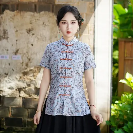 筠雅夏季新款复古改良中式唐装女装中国风年轻斜襟短袖上衣25J268图片