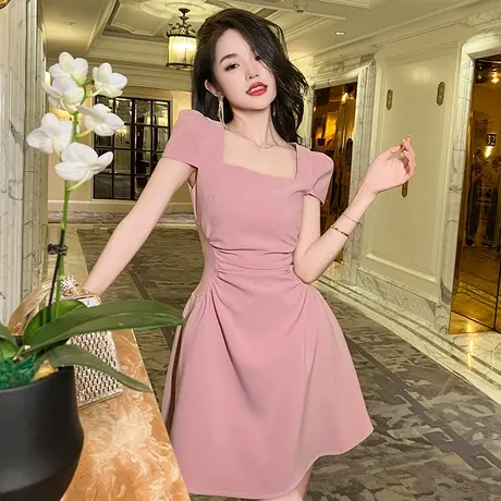 生日party宴会小礼服平时可穿纯欲性感女神范气质高腰粉色连衣裙商品大图