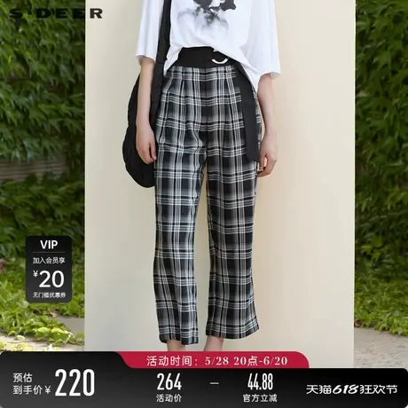 sdeer圣迪奥女夏装复古高腰撞色格纹直筒休闲长裤S22280837图片