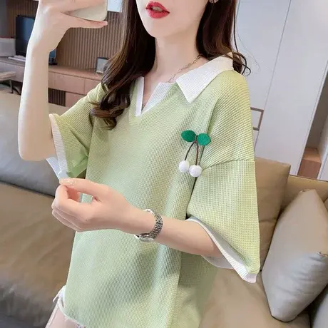 短袖t恤女2024新款夏季韩版宽松大码女装polo领华夫格假两件上衣图片