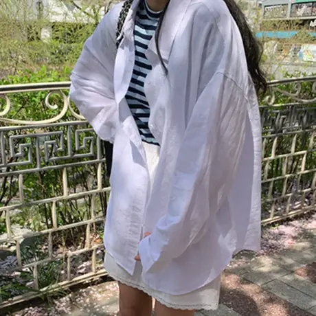 法式棉麻防晒白色衬衫女长袖薄款宽松外搭韩版衬衣天丝亚麻上衣夏商品大图