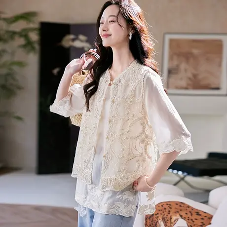 宝诗黎圆领重工钉珠刺绣镂空马甲2025夏季时尚百搭洋气显瘦短外套商品大图