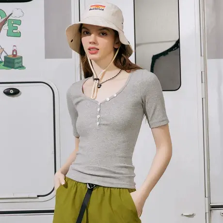 a02美式复古辣妹针织短袖夏季紧身上衣纽扣V领女式T恤图片