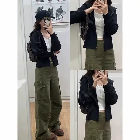 黑色短款外套卫衣女2025新款秋冬季连帽上衣加绒加厚宽松开衫拉链商品大图