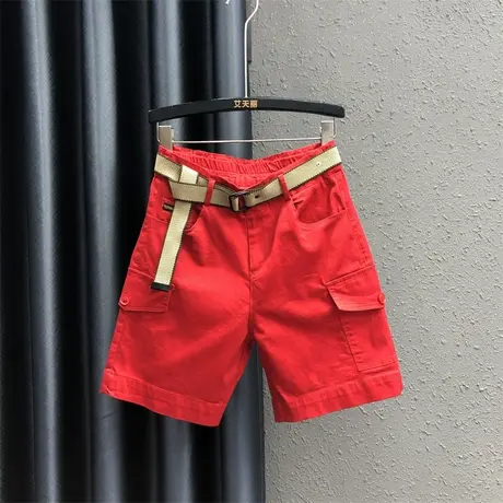 大红色潮流工装五分裤欧货2025夏季新款显瘦高腰直筒牛仔阔腿裤女图片