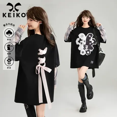 KEIKO [双子兔]假两件式卫衣女25春季甜系蝴蝶结绑带圆领长袖上衣商品大图