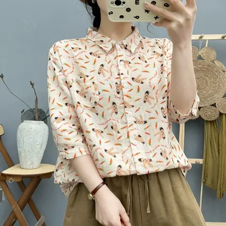 夏季韩版文艺印花纯棉中袖衬衫女学生宽松亲肤透气七分袖碎花上衣图片