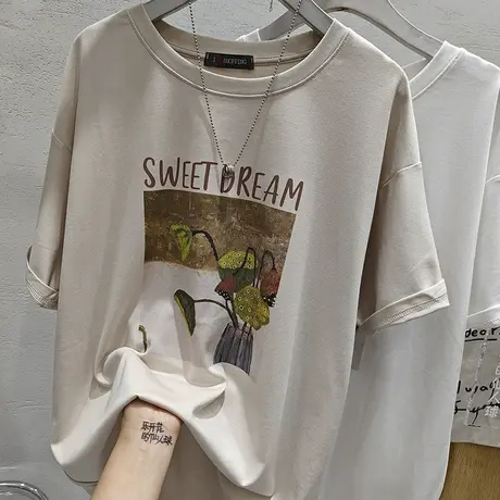 复古莲藕油画印花纯棉短袖T恤女宽松休闲显瘦上衣2025夏新款体恤商品大图