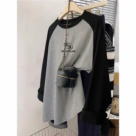 复古上衣女oversize大码灰色早秋薄款长袖t恤ins纯棉插肩袖内搭潮商品大图