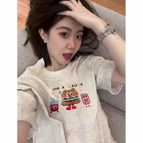 小众美式短袖t恤女2025新款爆款夏季纯棉落肩设计感宽松半袖上衣图片