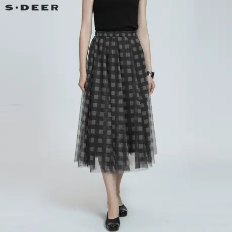 sdeer圣迪奥女夏装长裙休闲松紧格纹质感网纱长裙半身裙S21281144商品大图