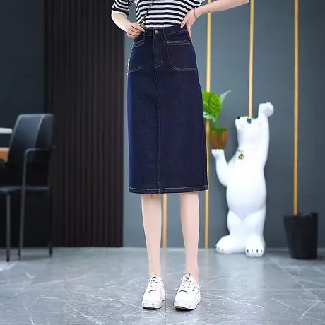 丹宁色中长牛仔裙女夏季薄款高腰显瘦A字裙开叉百搭休闲半身裙商品大图