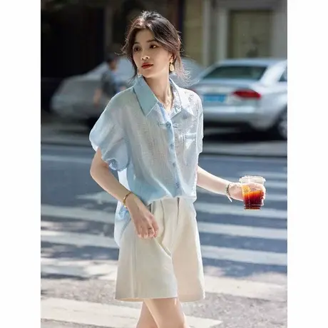 时尚气质减龄百搭休闲短袖衬衫女士2024年新款泡泡袖显瘦青春上衣商品大图