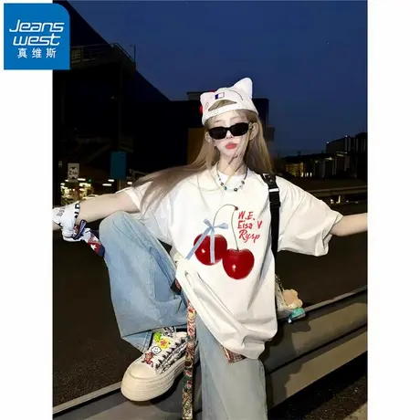 NR真维斯白色纯棉短袖t恤女夏季新款宽松百搭休闲别致印花上衣潮商品大图