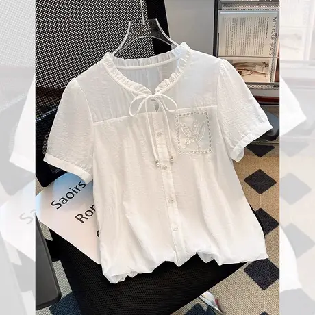 拉夏贝尔白色刺绣短袖衬衫女夏2025新款法式慵懒松设计感上衣小衫图片