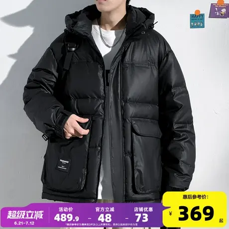 唐狮2024新款男士羽绒服黑色连帽大口袋外套防风保暖青少年宽松潮商品大图