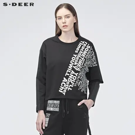 sdeer圣迪奥2019秋季新品圆领条纹字母飘带长袖T恤S19180240图片