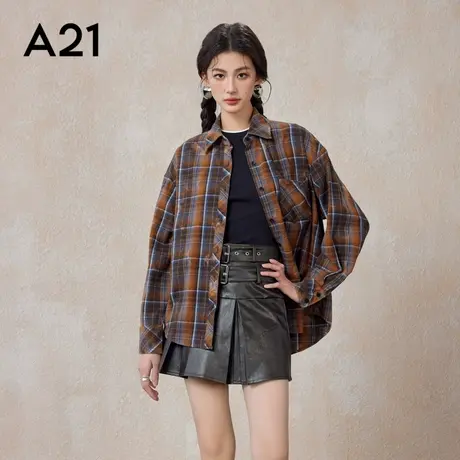 A21女装起绒宽松翻领长袖衬衫春秋季美式复古显瘦百搭休闲格子衫商品大图