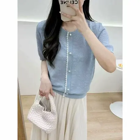 夏季欧根纱蕾丝短袖细针织衫宽松轻薄女T恤气质百搭漂亮小衫上衣图片