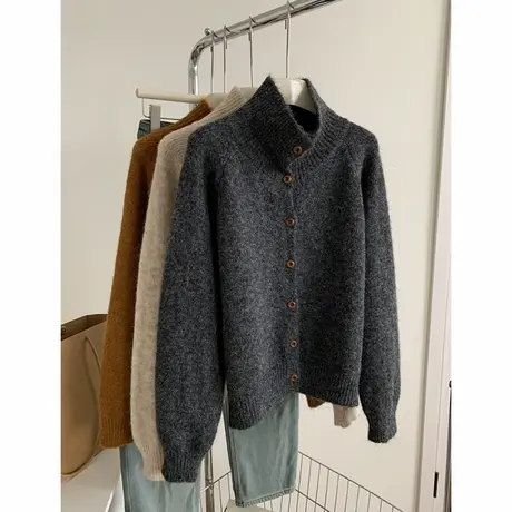 极简韩风慵懒软糯羊毛针织外套女气质高领排扣毛衣开衫秋冬上衣潮商品大图