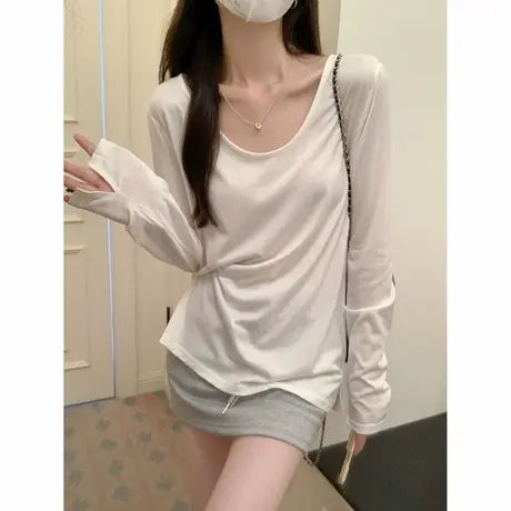 简约纯色V领长袖T恤女春秋季韩版宽松显瘦chic复古港味上衣打底衫图片