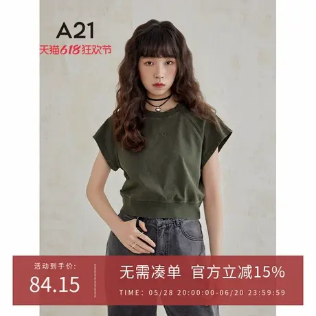 A21女装圆领短袖T恤夏季美式复古做旧设计感上衣女生图片