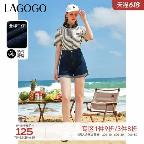 LAGOGO纯棉直筒翻边牛仔裤女拉谷谷夏季新款高腰显瘦小个子短裤商品大图
