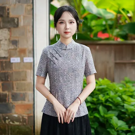 筠雅夏季新款复古改良中式唐装女装国风年轻款斜襟短袖上衣25J290商品大图