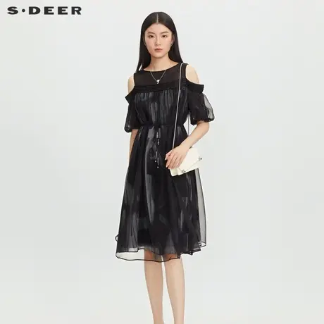 sdeer圣迪奥女装圆领露肩收腰晕染网纱连衣裙S232Z1240商品大图