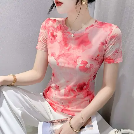 时尚复古印花T恤女短袖2024夏新款洋气百搭网纱小衫修身圆领上衣商品大图