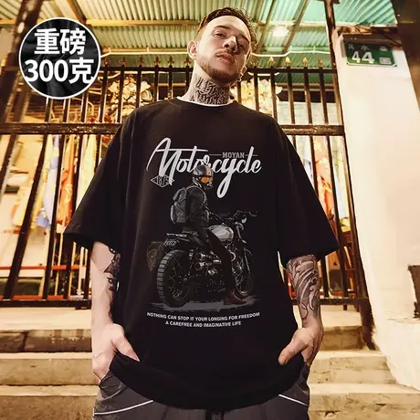2025短袖t恤街头大码男装圆领纯棉加肥加大国潮300g重磅机车半袖商品大图