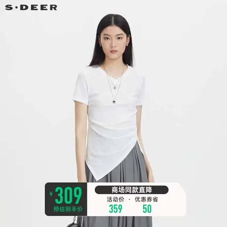 sdeer圣迪奥女装罗纹V领垂坠不规则短袖T恤S23280114🍒商品大图