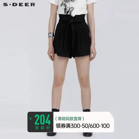 sdeer圣迪奥女装夏季休闲高腰系带A字黑色短裤S21280914🈺商品大图