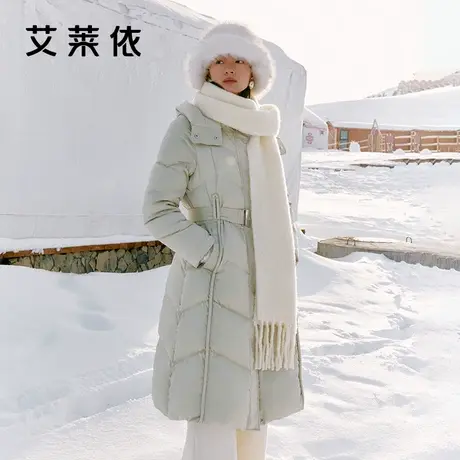 【直播】艾莱依收腰长款羽绒服2024新款极简系带连帽气质时尚加厚商品大图