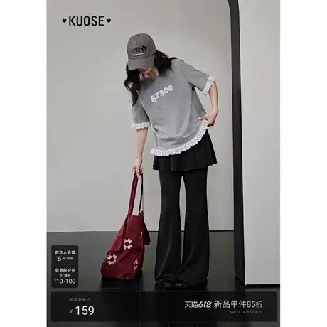 阔色灰色蕾丝花边T恤慵懒女2025新款字母刺绣夏日搭配短袖上衣图片