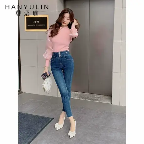 2022新款牛仔裤女初秋修身显瘦小脚铅笔裤高腰弹力九分裤紧身裤子商品大图
