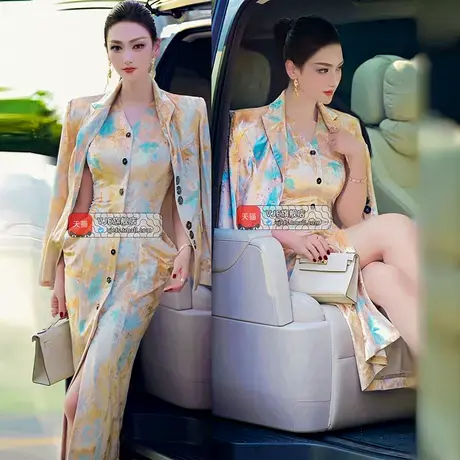 VJE入秋新中式丝绒印花西装马甲长裙两件套新款女王范套装裙图片