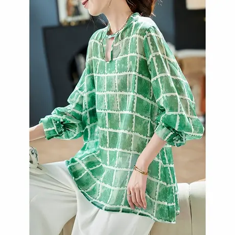 宝诗黎V领格子长袖雪纺衫女2025夏季薄款宽松大码防晒休闲衬衣潮商品大图