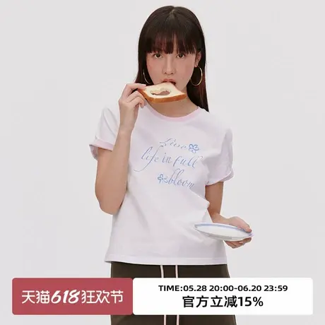 omont蛋挞家复古撞色拼接领短袖T恤2025夏季圆领印花修身短上衣女商品大图