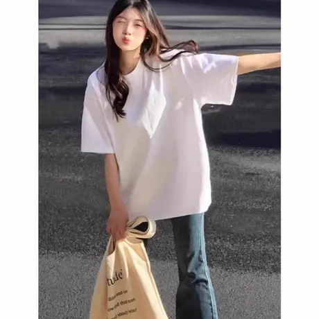 盐系纯棉短袖t恤女2025夏季新款休闲简约白色宽松oversize上衣潮商品大图