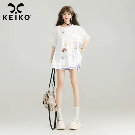 KEIKO 少女风萌宠印花轻薄上衣夏季洋气减龄木耳花边白色圆领衬衫商品大图